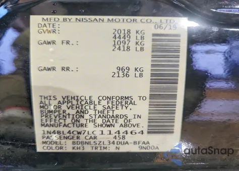 2020 Nissan Altima Sr z USA, uszkodzony, nr VIN 1N4BL4CW7LC114464